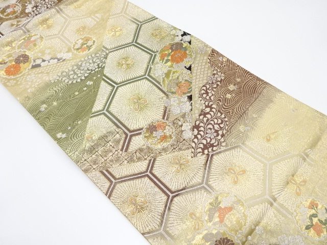 切りばめ風　流水に唐松・草花模様織り出し袋帯